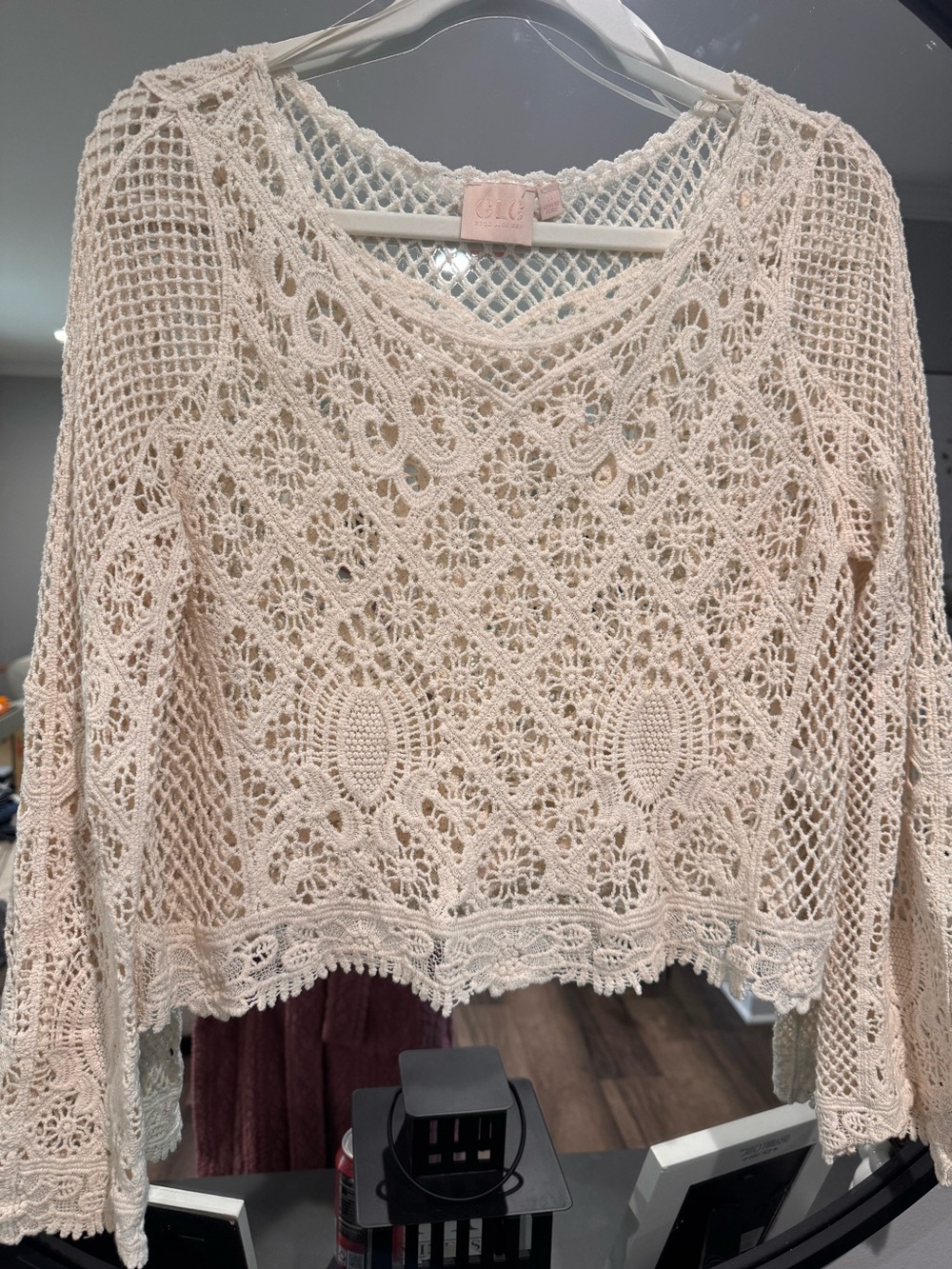 GLG Crochet Knit Beige Cream Boho Sweater Top NWOT